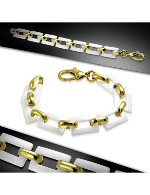 Bracelet céramique blanche rectangles et liens dorés