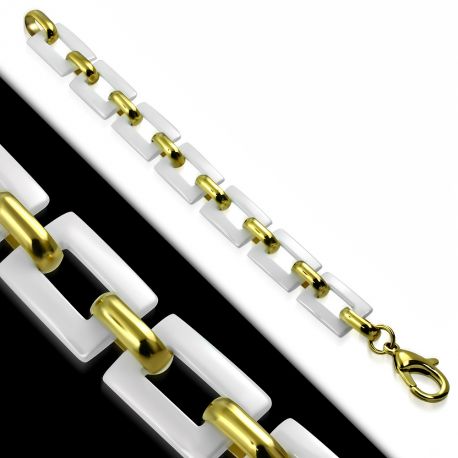 Bracelet céramique blanche rectangles et liens dorés