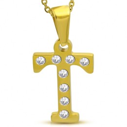 Pendentif en acier doré avec strass lettre T