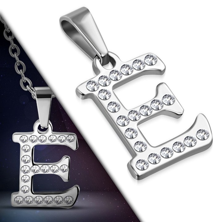 Pendentif en acier avec strass lettre E