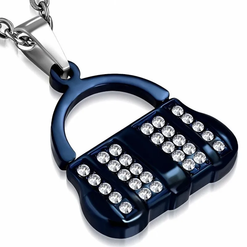 Pendentif en acier sac à mains bleu noir avec strass