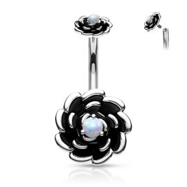 Piercing nombril fleur noire à opale blanche