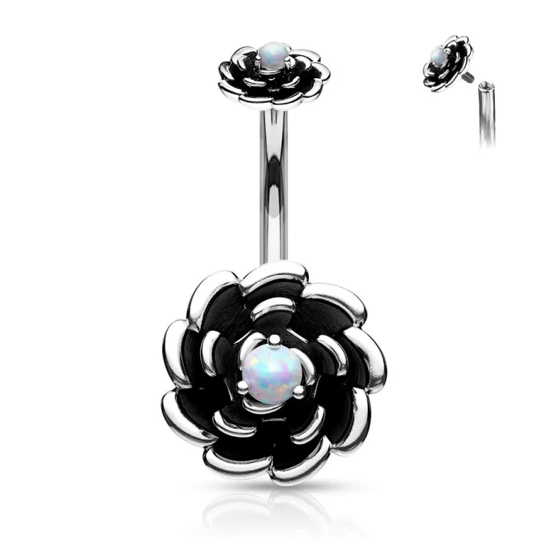 Piercing nombril fleur noire à opale blanche Piercing nombril fleur noire à opale blanche
