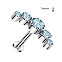 Piercing oreille labret titane incurvé cinq strass turquoise
