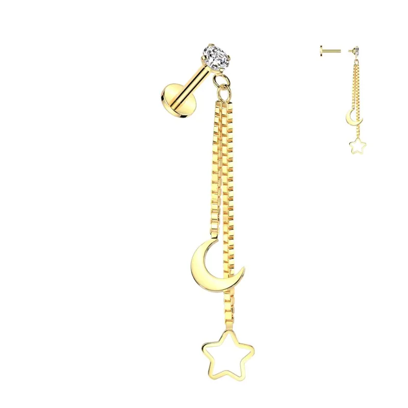 Piercing oreille labret doré double chaines étoile lune Piercing oreille labret doré double chaines étoile lune