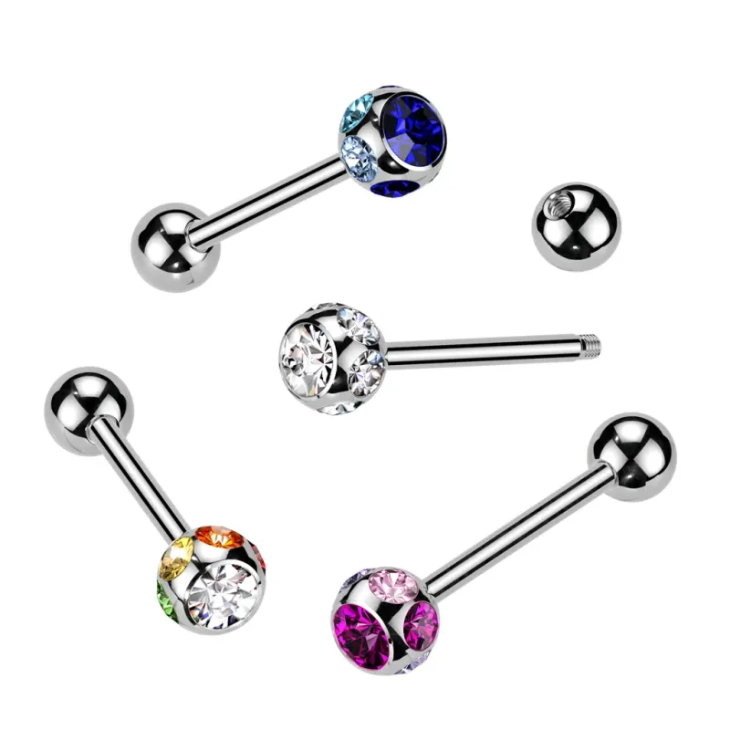 Piercing langue acier chirurgical – Boule 7 strass scintillants
