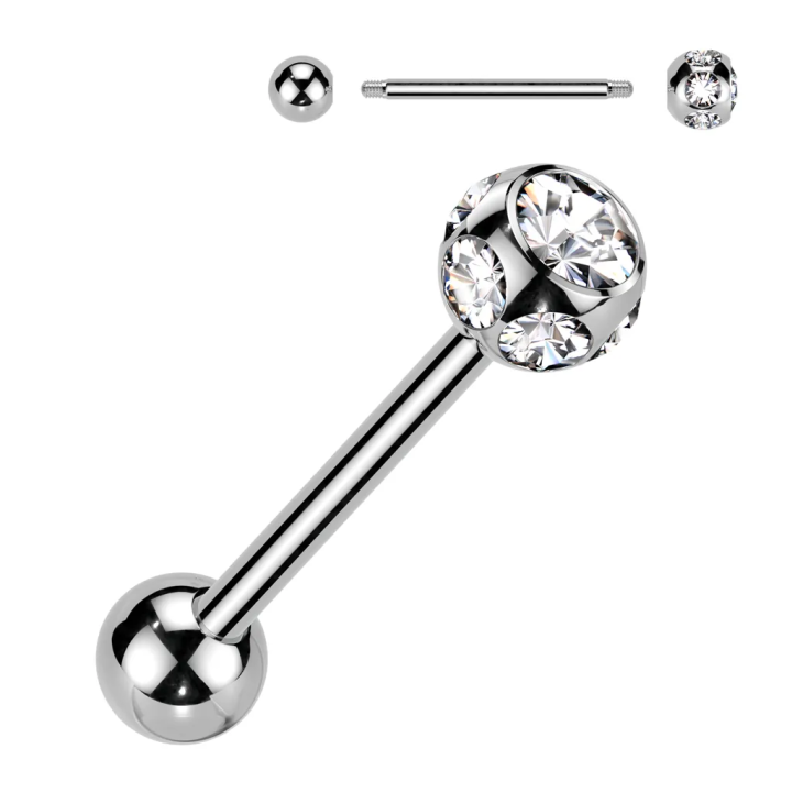 Piercing langue acier chirurgical – Boule 7 strass scintillants