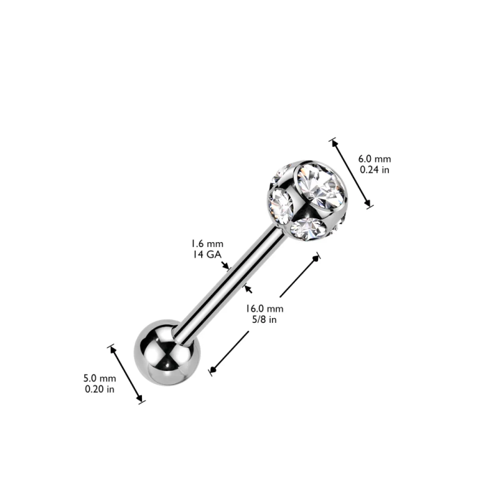 Piercing langue acier chirurgical – Boule 7 strass scintillants