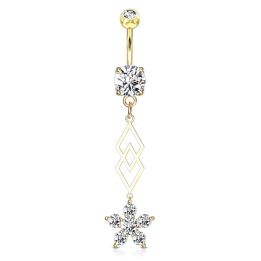 Piercing nombril pendentif losanges et fleur zircon plaqué or