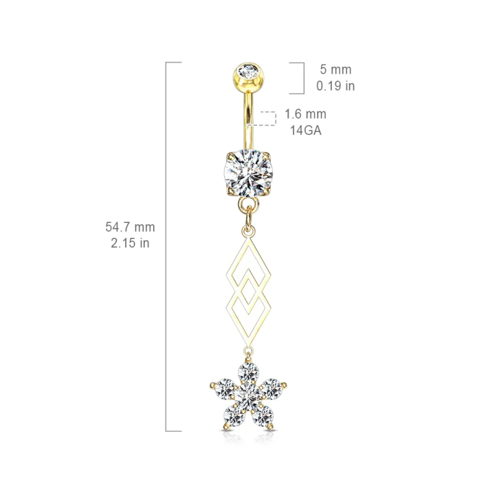 Piercing nombril pendentif losanges et fleur zircon plaqué or