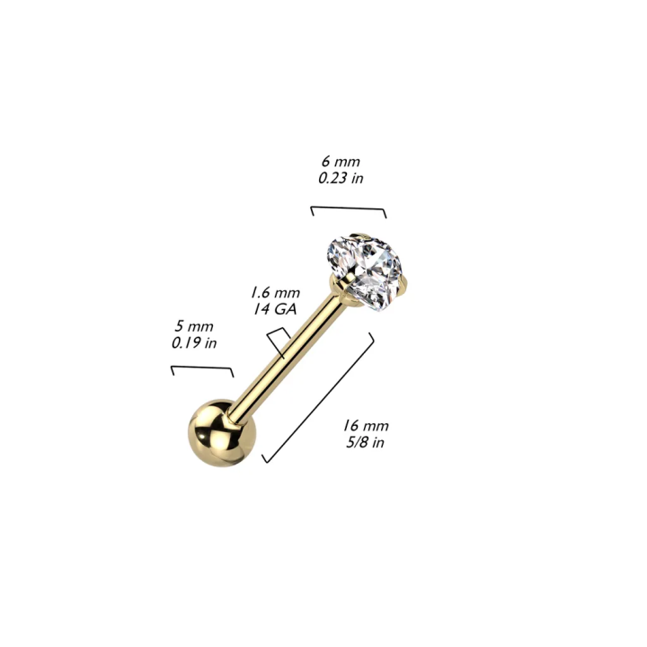 Piercing langue doré zirconium cœur blanc