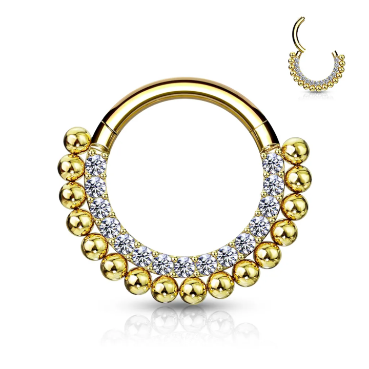 Piercing anneau oreille acier doré perles et strass