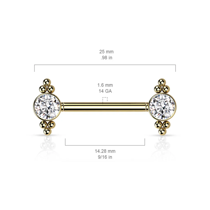 Piercing téton push-in zircon et billes doré