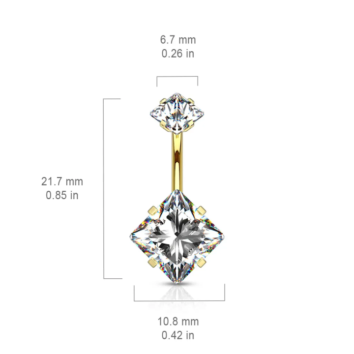 Piercing nombril doré double zircon carré blanc