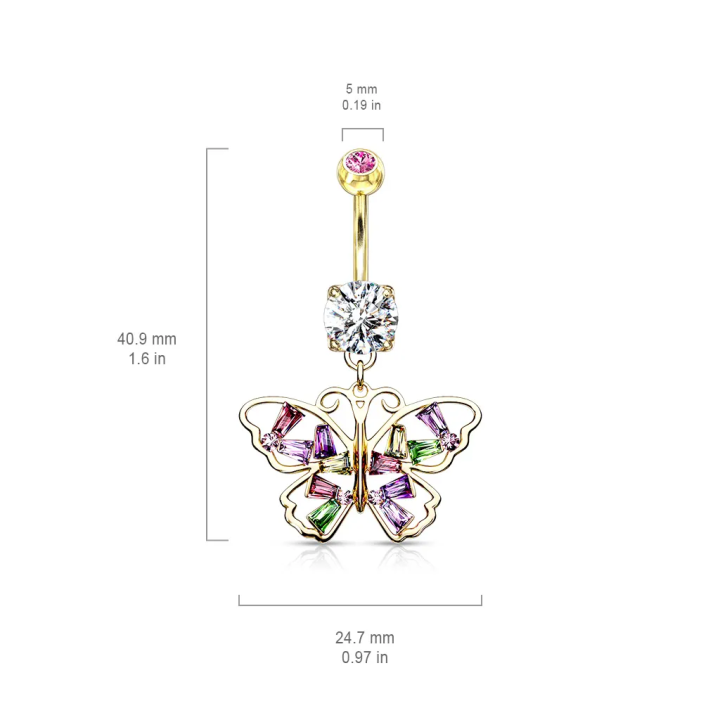 Piercing nombril plaqué or pendentif papillon strass multicolores