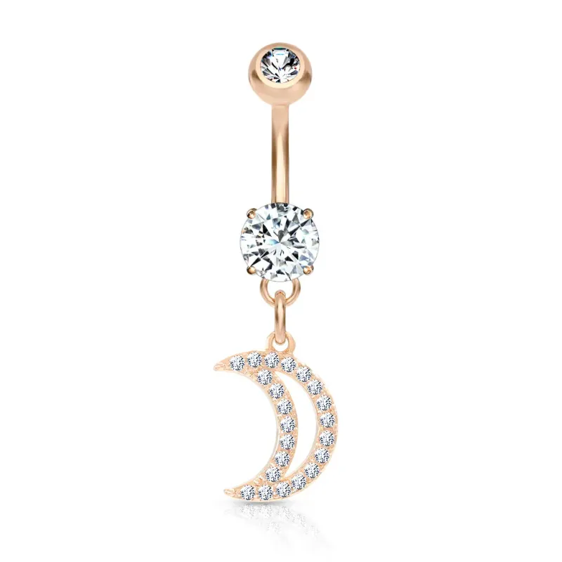 Piercing nombril plaqué or rose pendentif lune pavée Piercing nombril plaqué or rose pendentif lune pavée