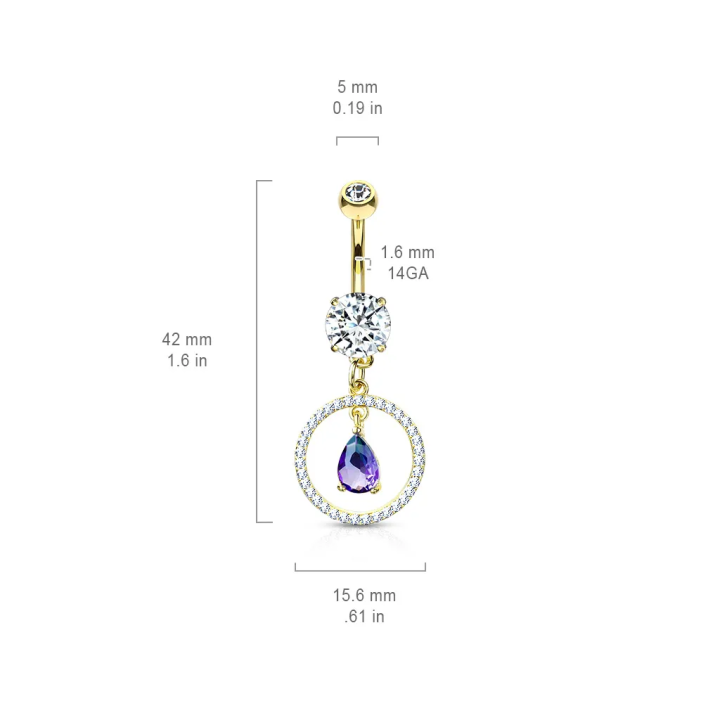 Piercing nombril plaqué or cercle pavé larme bleue