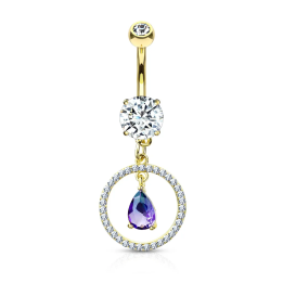 Piercing nombril plaqué or cercle pavé larme bleue