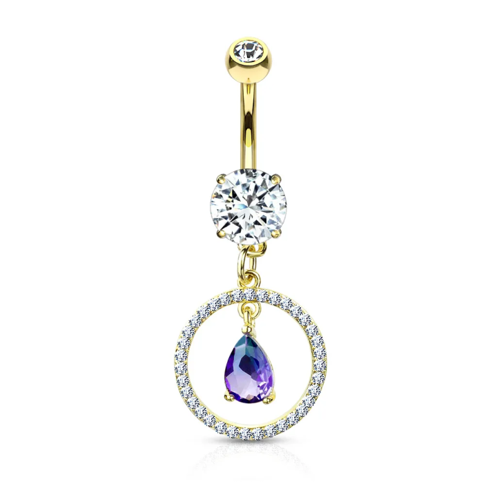 Piercing nombril plaqué or cercle pavé larme bleue