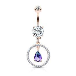 Piercing nombril plaqué or rose cercle pavé larme bleue