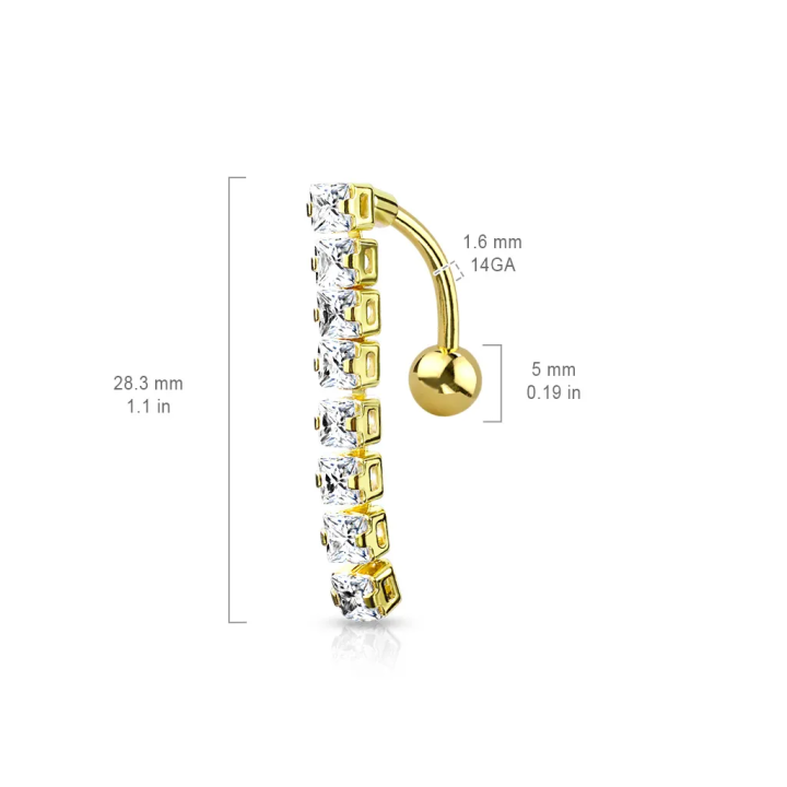 Piercing nombril inversé 8 pierres carrées plaqué or