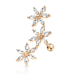 Piercing oreille cartilage hélix triple fleurs rosé strass blancs