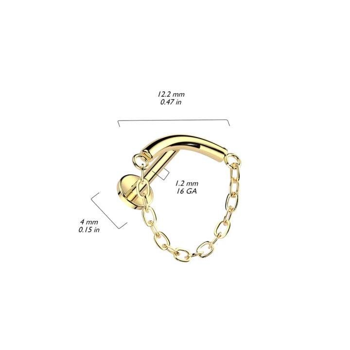 Piercing oreille labret titane doré incurvé avec chaine
