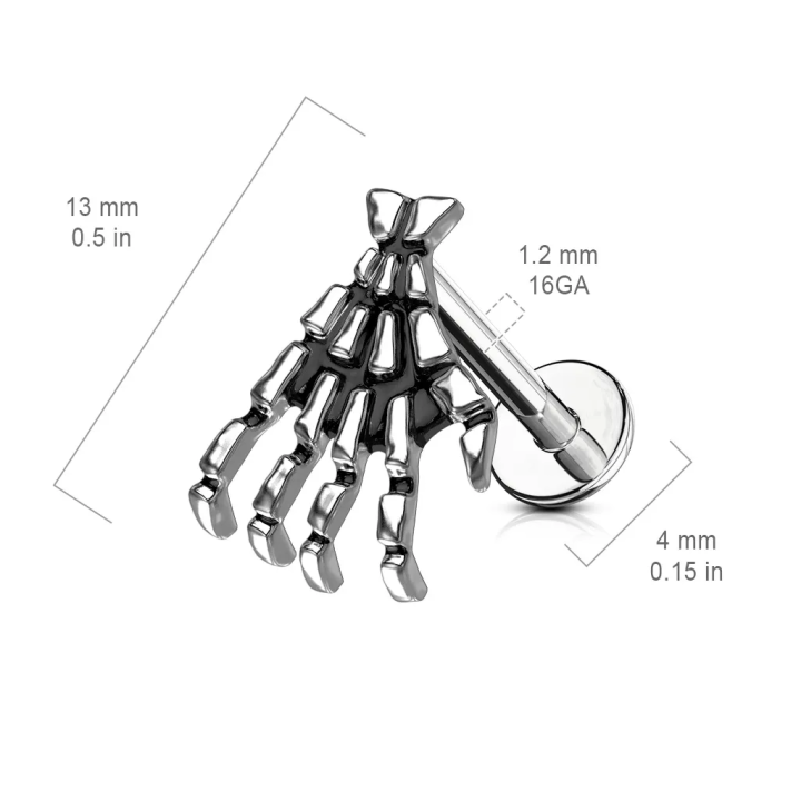 Piercing labret oreille main de squelette