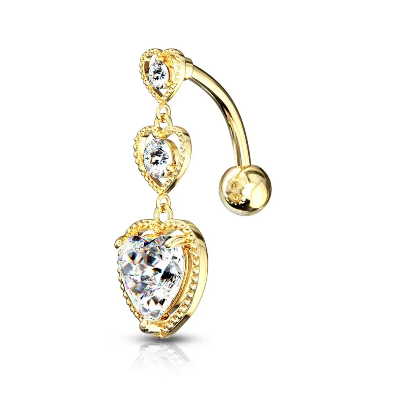 Piercing nombril inversé triple coeur strass plaqué or Piercing nombril inversé triple coeur strass plaqué or