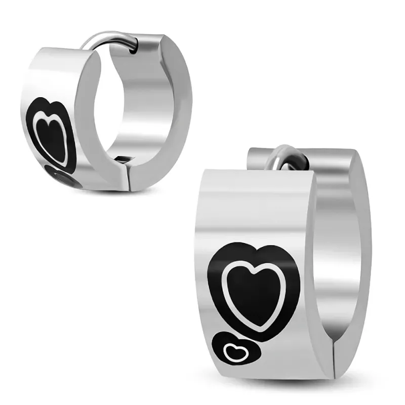 Paire boucles d'oreilles anneaux acier coeur noirs