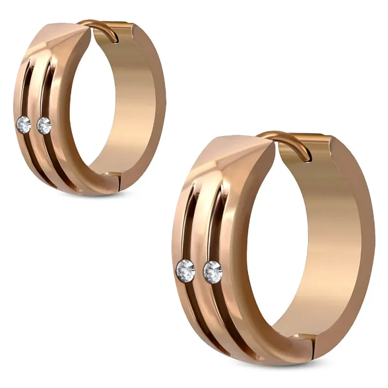 Paire boucles d'oreilles anneaux acier rosé deux strass Paire boucles d'oreilles anneaux acier rosé deux strass