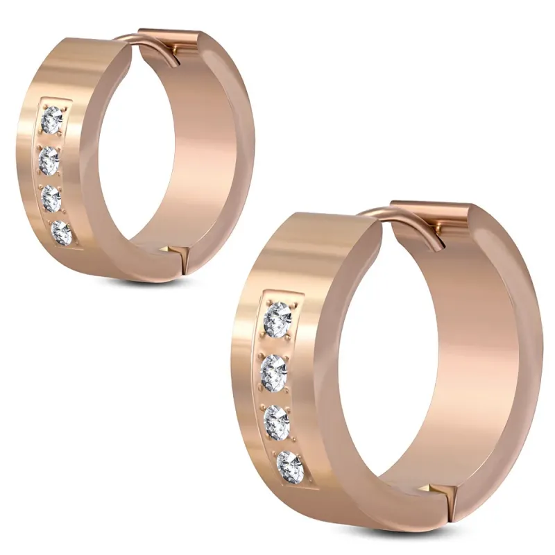 Paire boucles d'oreilles anneaux acier rosé quatre strass Paire boucles d'oreilles anneaux acier rosé quatre strass