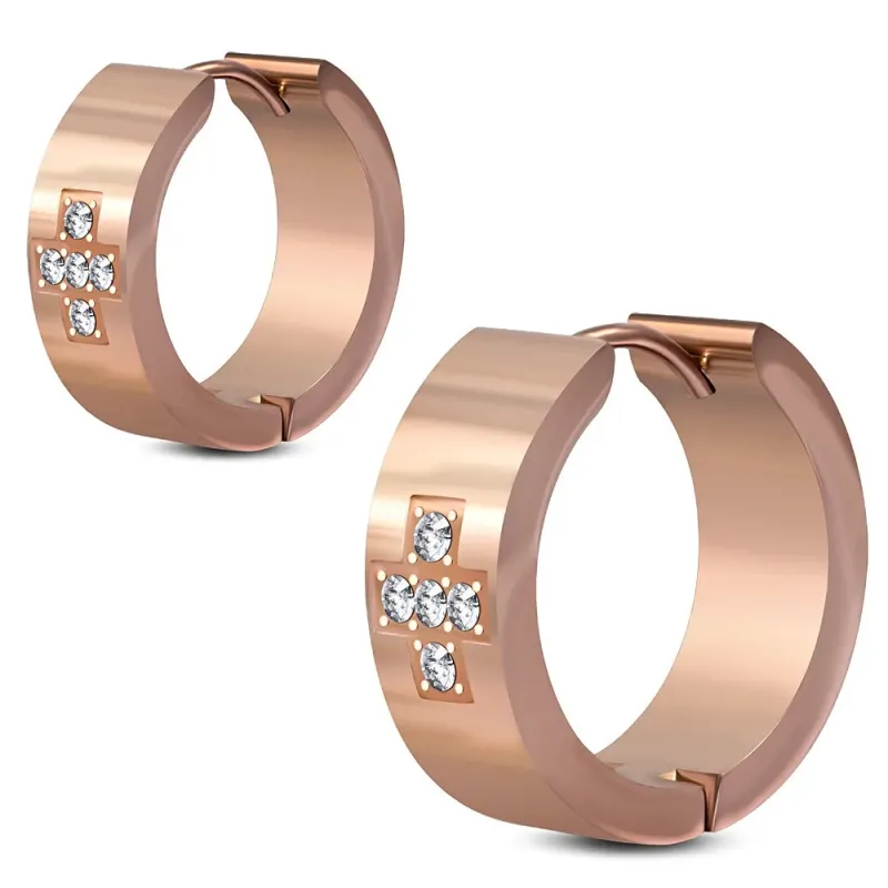 Paire boucles d'oreilles anneaux acier rosé cinq strass Paire boucles d'oreilles anneaux acier rosé cinq strass