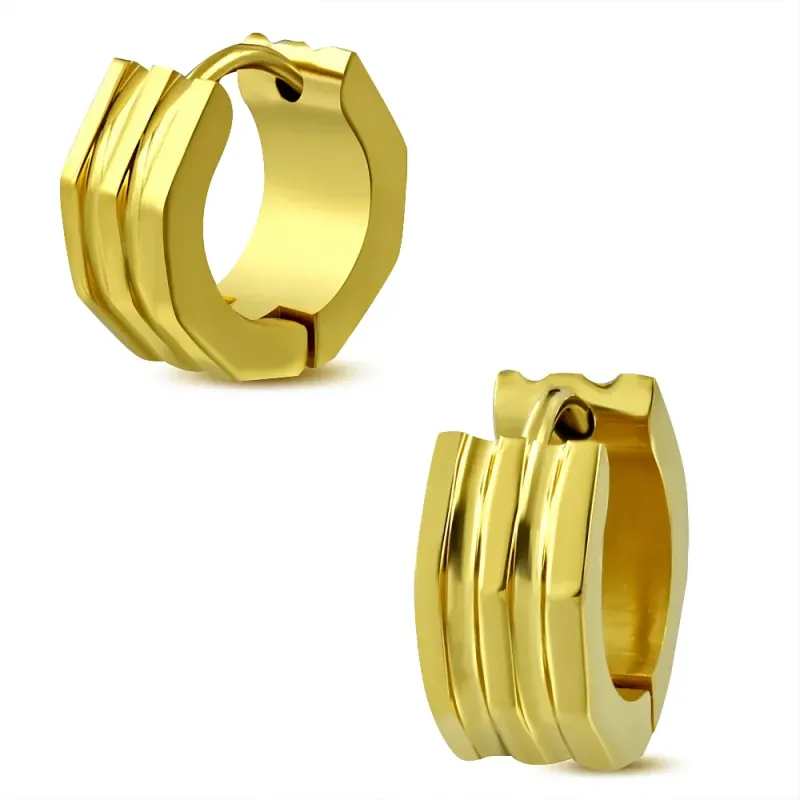 Paire boucles d'oreilles anneaux acier doré rainures côtelées Paire boucles d'oreilles anneaux acier doré rainures côtelées