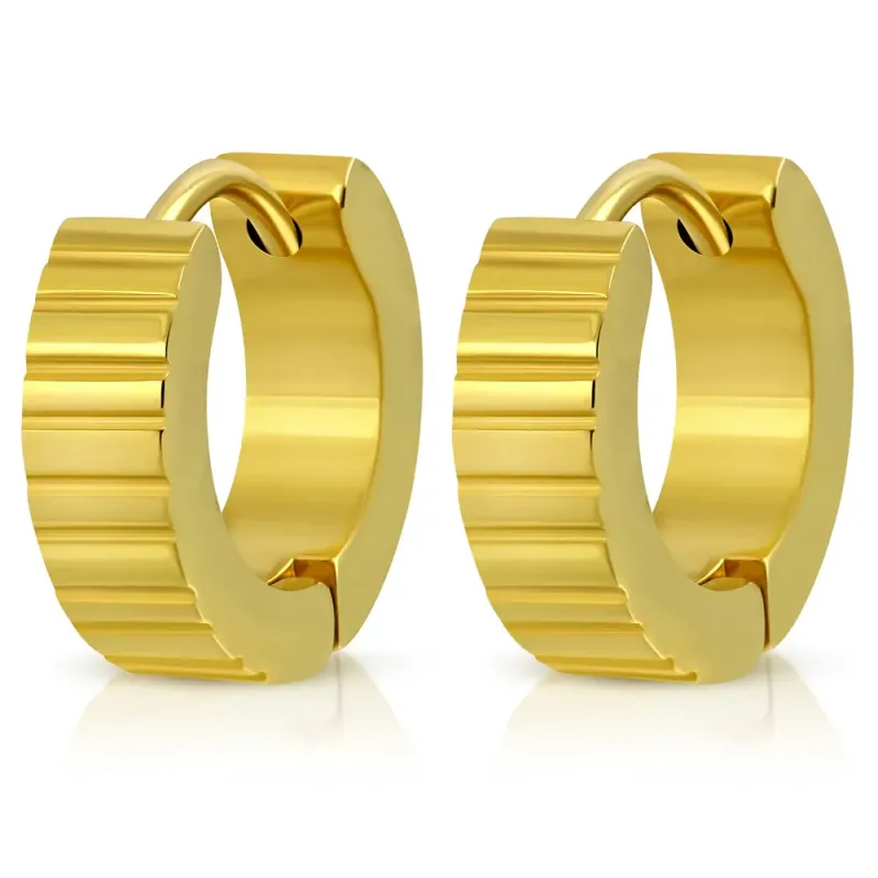 Paire boucles d'oreilles anneaux acier doré motif côtelé Paire boucles d'oreilles anneaux acier doré motif côtelé