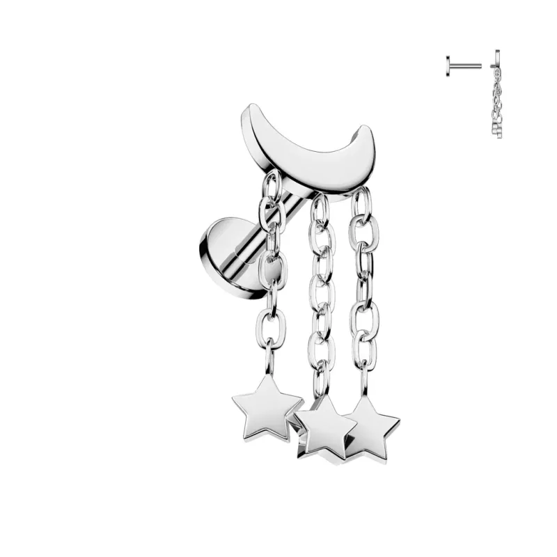 Piercing oreille labret en titane avec lune chaines et étoiles Piercing oreille labret en titane avec lune chaines et étoiles