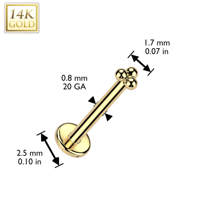 Piercing nez en or jaune 14 carats embout push-in trois billes