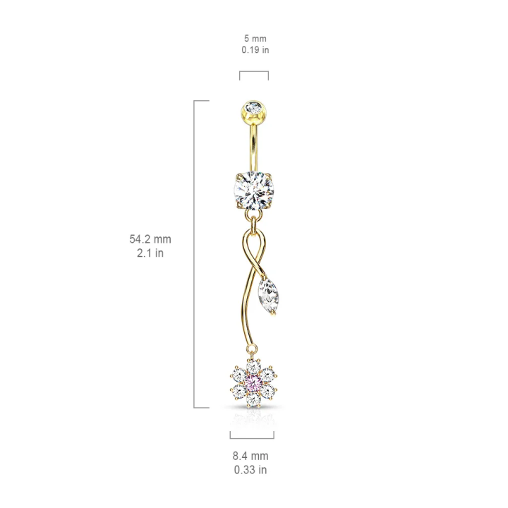 Piercing nombril plaqué or pendentif fleur de vigne zircon rose