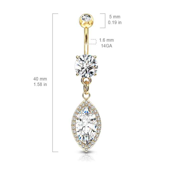 Piercing nombril plaqué or pendentif large marquise zircon