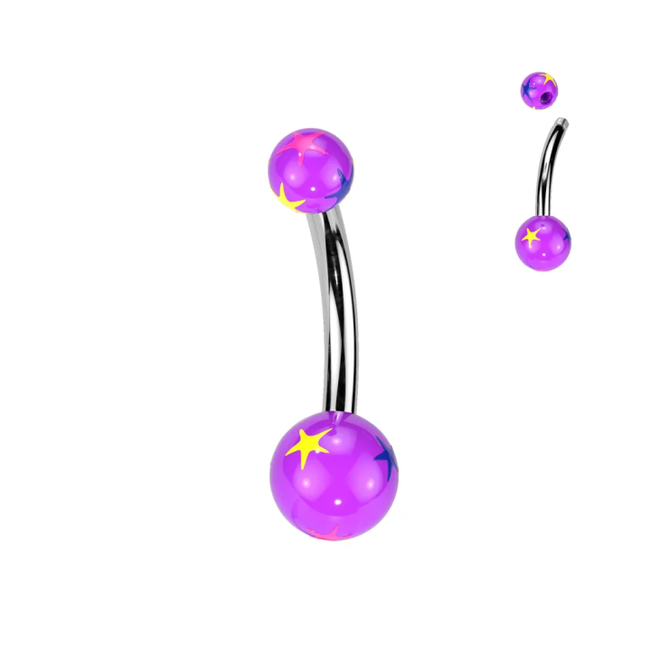 Piercing nombril acier & boules acryliques – Étoiles colorées fun