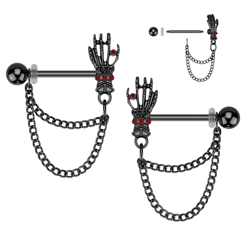 Paire de piercing pour téton chaines main de squelette noir Paire de piercing pour téton chaines main de squelette noir