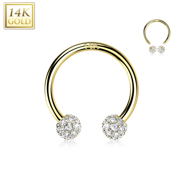 Piercing fer à cheval en or jaune 14 carats boules multi strass