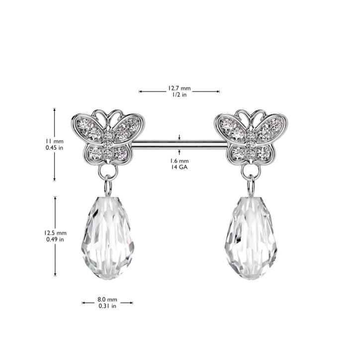 Piercing téton papillons avec gemme pendant