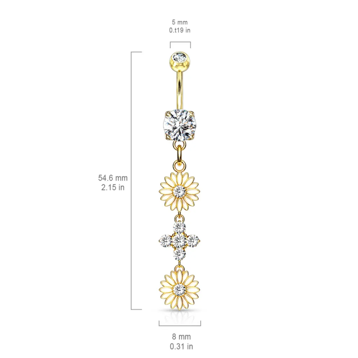 Piercing nombril plaqué or pendentif double fleur émaillées