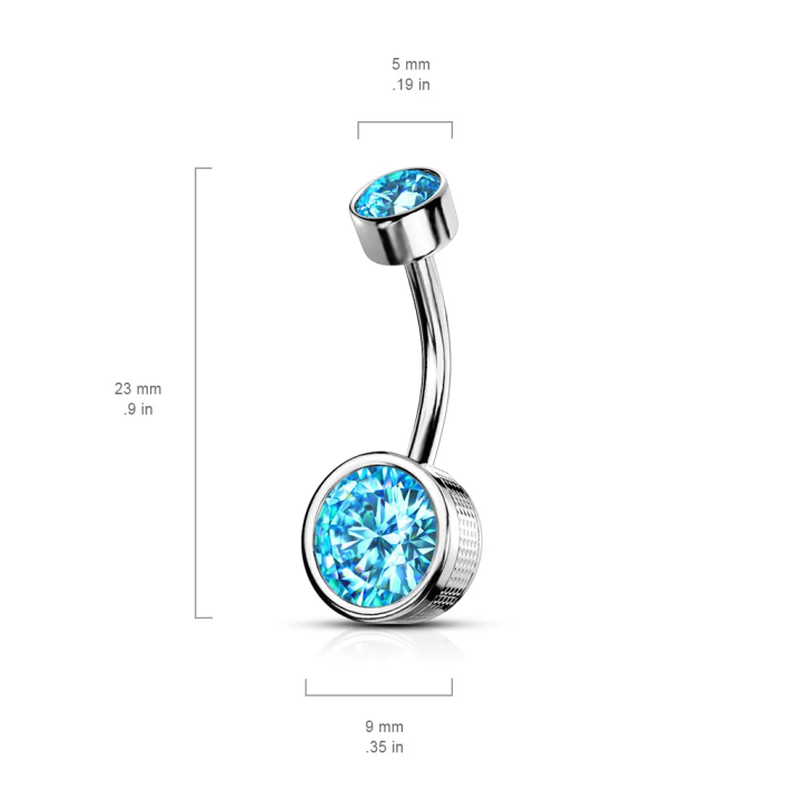 Piercing nombril double zircon turquoise chaton estampillé