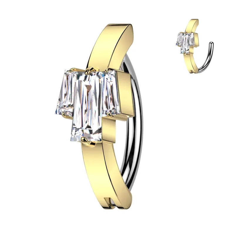 Piercing nombril anneau clicker serti de 3 zircons baguettes doré Piercing nombril anneau clicker serti de 3 zircons baguettes doré