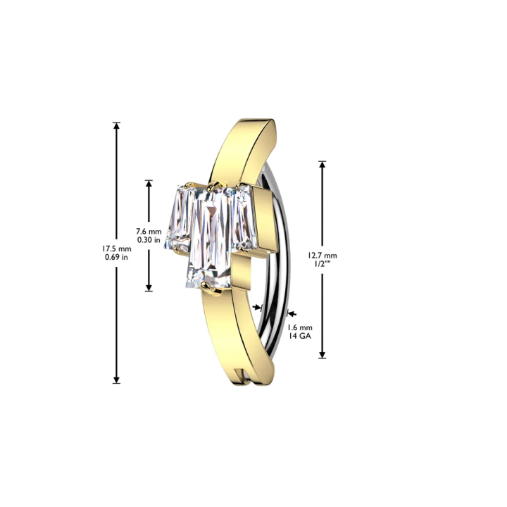 Piercing nombril anneau clicker serti de 3 zircons baguettes doré