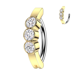 Piercing nombril anneau clicker serti de 3 zircons ronds doré