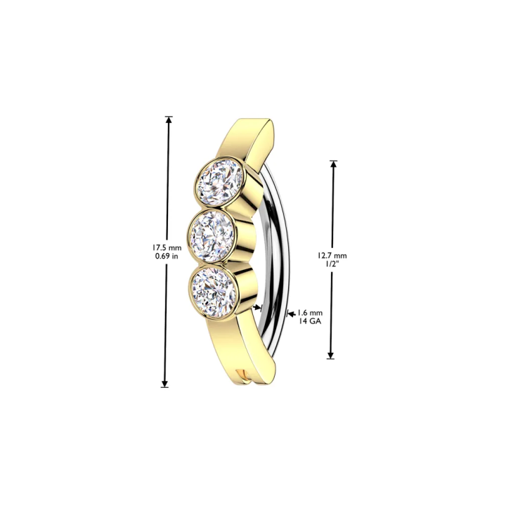 Piercing nombril anneau clicker serti de 3 zircons ronds doré