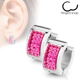 Paire boucles d'oreilles anneaux carré cristaux rose
